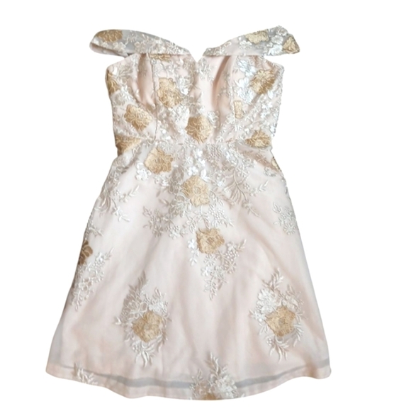Calvin Klein Embroidered Nude/Blush Midi Off the Shoulder Strapless Easter Dress - Picture 12 of 12